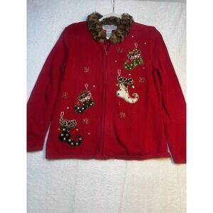 VTG  Heirloom Collectibles Med Christmas‎ Red Cardigan Applique Sweater Fur Neck